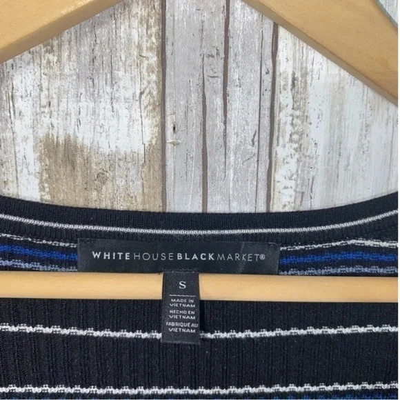 White House Black Market Blue & Black Ribbed Striped Wide Sleeve Blouse - Picture 5 of 5